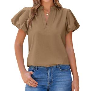 imageBTFBM Womens Spring Summer Tops Dressy Casual 2025 Trendy V Neck Puff Short Sleeve Cute Shirts Business Work BlousesKhaki