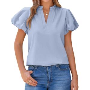imageBTFBM Womens Spring Summer Tops Dressy Casual 2025 Trendy V Neck Puff Short Sleeve Cute Shirts Business Work BlousesLight Blue