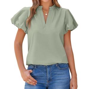 imageBTFBM Womens Spring Summer Tops Dressy Casual 2025 Trendy V Neck Puff Short Sleeve Cute Shirts Business Work BlousesLight Green