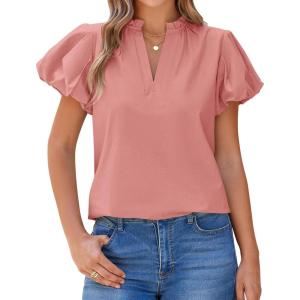 imageBTFBM Womens Spring Summer Tops Dressy Casual 2025 Trendy V Neck Puff Short Sleeve Cute Shirts Business Work BlousesPink