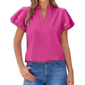 imageBTFBM Womens Spring Summer Tops Dressy Casual 2025 Trendy V Neck Puff Short Sleeve Cute Shirts Business Work BlousesRose Red