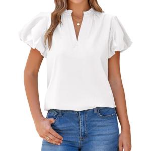 imageBTFBM Womens Spring Summer Tops Dressy Casual 2025 Trendy V Neck Puff Short Sleeve Cute Shirts Business Work BlousesWhite