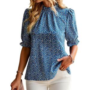 imageBTFBM Womens Summer Boho Shirt Top Ruffle Short Sleeve Frill Trim Mock Neck Floral Solid 2025 Casual Blouses Shirts TopsFloral Blue