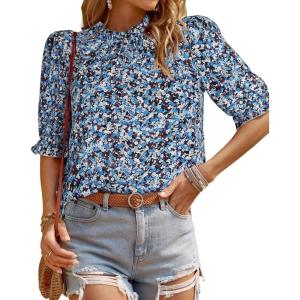 imageBTFBM Womens Summer Boho Shirt Top Ruffle Short Sleeve Frill Trim Mock Neck Floral Solid 2025 Casual Blouses Shirts TopsFloral Blue White