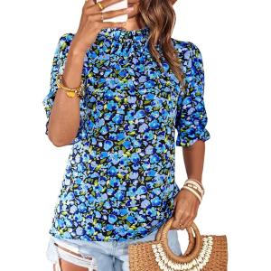 imageBTFBM Womens Summer Boho Shirt Top Ruffle Short Sleeve Frill Trim Mock Neck Floral Solid 2025 Casual Blouses Shirts TopsFloral Bright Blue