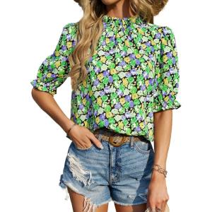 imageBTFBM Womens Summer Boho Shirt Top Ruffle Short Sleeve Frill Trim Mock Neck Floral Solid 2025 Casual Blouses Shirts TopsFloral Green Black