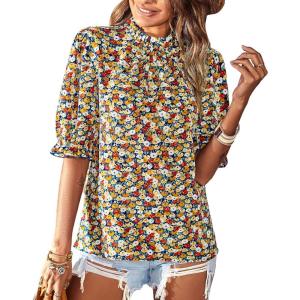 imageBTFBM Womens Summer Boho Shirt Top Ruffle Short Sleeve Frill Trim Mock Neck Floral Solid 2025 Casual Blouses Shirts TopsFloral Navy