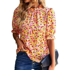 imageBTFBM Womens Summer Boho Shirt Top Ruffle Short Sleeve Frill Trim Mock Neck Floral Solid 2025 Casual Blouses Shirts TopsFloral Pink