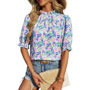 imageBTFBM Womens Summer Boho Shirt Top Ruffle Short Sleeve Frill Trim Mock Neck Floral Solid 2025 Casual Blouses Shirts TopsFloral Pink Blue