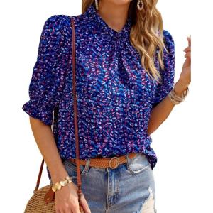 imageBTFBM Womens Summer Boho Shirt Top Ruffle Short Sleeve Frill Trim Mock Neck Floral Solid 2025 Casual Blouses Shirts TopsFloral Purple Blue