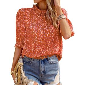 imageBTFBM Womens Summer Boho Shirt Top Ruffle Short Sleeve Frill Trim Mock Neck Floral Solid 2025 Casual Blouses Shirts TopsFloral Red Orange