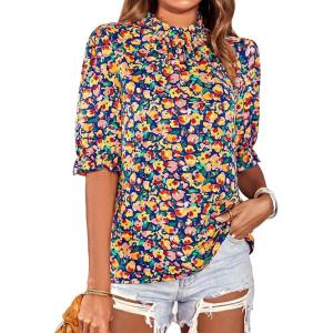 imageBTFBM Womens Summer Boho Shirt Top Ruffle Short Sleeve Frill Trim Mock Neck Floral Solid 2025 Casual Blouses Shirts TopsFloral Royal Blue