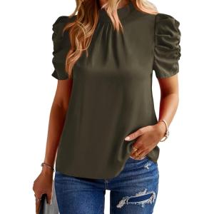 imageBTFBM Womens Summer Boho Shirt Top Ruffle Short Sleeve Frill Trim Mock Neck Floral Solid 2025 Casual Blouses Shirts TopsSolid Army Green
