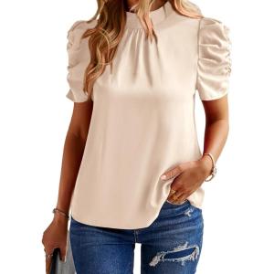imageBTFBM Womens Summer Boho Shirt Top Ruffle Short Sleeve Frill Trim Mock Neck Floral Solid 2025 Casual Blouses Shirts TopsSolid Beige