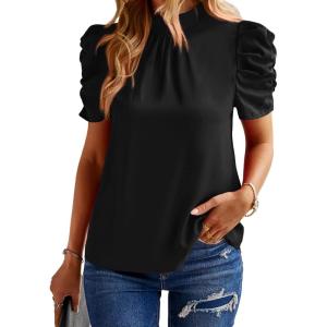 imageBTFBM Womens Summer Boho Shirt Top Ruffle Short Sleeve Frill Trim Mock Neck Floral Solid 2025 Casual Blouses Shirts TopsSolid Black