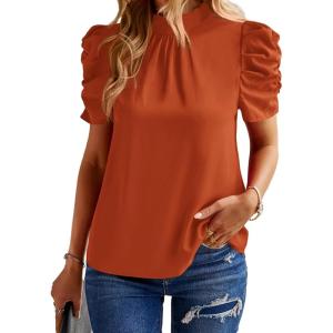 imageBTFBM Womens Summer Boho Shirt Top Ruffle Short Sleeve Frill Trim Mock Neck Floral Solid 2025 Casual Blouses Shirts TopsSolid Brick Red