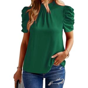 imageBTFBM Womens Summer Boho Shirt Top Ruffle Short Sleeve Frill Trim Mock Neck Floral Solid 2025 Casual Blouses Shirts TopsSolid Dark Green