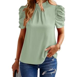 imageBTFBM Womens Summer Boho Shirt Top Ruffle Short Sleeve Frill Trim Mock Neck Floral Solid 2025 Casual Blouses Shirts TopsSolid Light Green