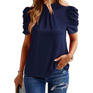 imageBTFBM Womens Summer Boho Shirt Top Ruffle Short Sleeve Frill Trim Mock Neck Floral Solid 2025 Casual Blouses Shirts TopsSolid Navy