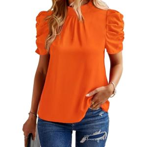 imageBTFBM Womens Summer Boho Shirt Top Ruffle Short Sleeve Frill Trim Mock Neck Floral Solid 2025 Casual Blouses Shirts TopsSolid Orange