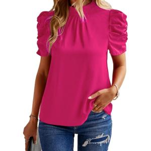 imageBTFBM Womens Summer Boho Shirt Top Ruffle Short Sleeve Frill Trim Mock Neck Floral Solid 2025 Casual Blouses Shirts TopsSolid Rose Red