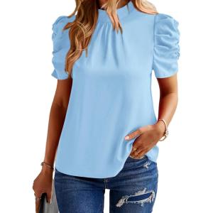 imageBTFBM Womens Summer Boho Shirt Top Ruffle Short Sleeve Frill Trim Mock Neck Floral Solid 2025 Casual Blouses Shirts TopsSolid Sky Blue