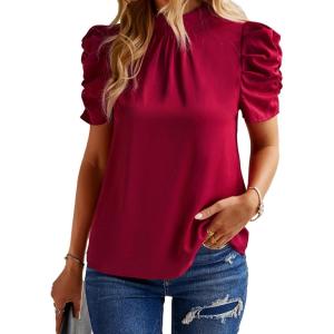 imageBTFBM Womens Summer Boho Shirt Top Ruffle Short Sleeve Frill Trim Mock Neck Floral Solid 2025 Casual Blouses Shirts TopsSolid Wine Red