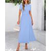 imageBTFBM 2025 Womens Summer 2 Piece Outfits Spring Crewneck Short Sleeve Ruched Bodycon Tops Flowy Knit Maxi Skirt SetsLight Blue