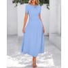 imageBTFBM 2025 Womens Summer 2 Piece Outfits Spring Crewneck Short Sleeve Ruched Bodycon Tops Flowy Knit Maxi Skirt SetsLight Blue