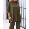 imageBTFBM Women 2 Piece Outfits Casual Loose Slit Short Sleeve Top Wide Leg Pants Matching Lounge Sets Tracksuit With PocketArmy Green