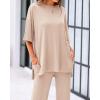 imageBTFBM Women 2 Piece Outfits Casual Loose Slit Short Sleeve Top Wide Leg Pants Matching Lounge Sets Tracksuit With PocketBeige