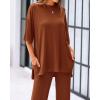 imageBTFBM Women 2 Piece Outfits Casual Loose Slit Short Sleeve Top Wide Leg Pants Matching Lounge Sets Tracksuit With PocketBrown