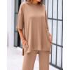imageBTFBM Women 2 Piece Outfits Casual Loose Slit Short Sleeve Top Wide Leg Pants Matching Lounge Sets Tracksuit With PocketKhaki