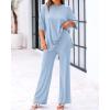 imageBTFBM Women 2 Piece Outfits Casual Loose Slit Short Sleeve Top Wide Leg Pants Matching Lounge Sets Tracksuit With PocketLight Blue