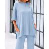 imageBTFBM Women 2 Piece Outfits Casual Loose Slit Short Sleeve Top Wide Leg Pants Matching Lounge Sets Tracksuit With PocketLight Blue