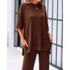 imageBTFBM Women 2 Piece Outfits Casual Loose Slit Short Sleeve Top Wide Leg Pants Matching Lounge Sets Tracksuit With PocketLight Coffee