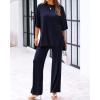 imageBTFBM Women 2 Piece Outfits Casual Loose Slit Short Sleeve Top Wide Leg Pants Matching Lounge Sets Tracksuit With PocketNavy