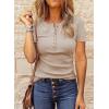 imageBTFBM Women 2025 Summer Henley Tunic Top V Neck Short Sleeve Button UP Solid Slim Fit Casual Ribbed Knit Shirt BlousesZbeige