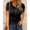 imageBTFBM Women 2025 Summer Henley Tunic Top V Neck Short Sleeve Button UP Solid Slim Fit Casual Ribbed Knit Shirt BlousesZblack