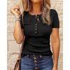 imageBTFBM Women 2025 Summer Henley Tunic Top V Neck Short Sleeve Button UP Solid Slim Fit Casual Ribbed Knit Shirt BlousesZblack