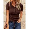 imageBTFBM Women 2025 Summer Henley Tunic Top V Neck Short Sleeve Button UP Solid Slim Fit Casual Ribbed Knit Shirt BlousesZbrown