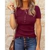 imageBTFBM Women 2025 Summer Henley Tunic Top V Neck Short Sleeve Button UP Solid Slim Fit Casual Ribbed Knit Shirt BlousesZwine Red