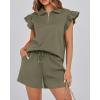 imageBTFBM Womens 2 Piece Outfits Sweatsuit Zipper V Neck Casual Ruffle Short Sleeve Tops and Drawstring Shorts Lounge SetsArmy Green