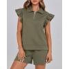 imageBTFBM Womens 2 Piece Outfits Sweatsuit Zipper V Neck Casual Ruffle Short Sleeve Tops and Drawstring Shorts Lounge SetsArmy Green