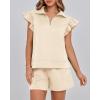 imageBTFBM Womens 2 Piece Outfits Sweatsuit Zipper V Neck Casual Ruffle Short Sleeve Tops and Drawstring Shorts Lounge SetsBeige