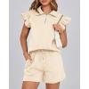 imageBTFBM Womens 2 Piece Outfits Sweatsuit Zipper V Neck Casual Ruffle Short Sleeve Tops and Drawstring Shorts Lounge SetsBeige