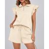 imageBTFBM Womens 2 Piece Outfits Sweatsuit Zipper V Neck Casual Ruffle Short Sleeve Tops and Drawstring Shorts Lounge SetsBeige