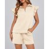 imageBTFBM Womens 2 Piece Outfits Sweatsuit Zipper V Neck Casual Ruffle Short Sleeve Tops and Drawstring Shorts Lounge SetsBeige