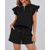 imageBTFBM Womens 2 Piece Outfits Sweatsuit Zipper V Neck Casual Ruffle Short Sleeve Tops and Drawstring Shorts Lounge SetsBlack