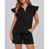 imageBTFBM Womens 2 Piece Outfits Sweatsuit Zipper V Neck Casual Ruffle Short Sleeve Tops and Drawstring Shorts Lounge SetsBlack